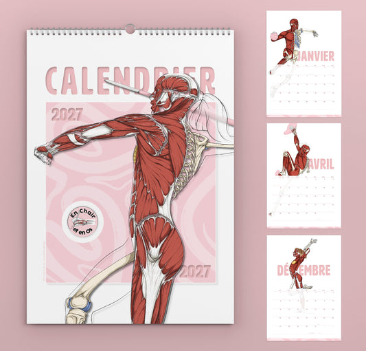 Calendrier anatomique 2027 En Chair et en Os, format mural A3, couverture et pages de janvier, avril et décembre